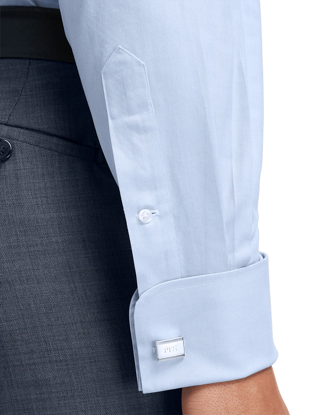 Non-Iron Cotton Pinpoint Solid Point Collar French Cuff Dress Shirt - Blue - Image 4