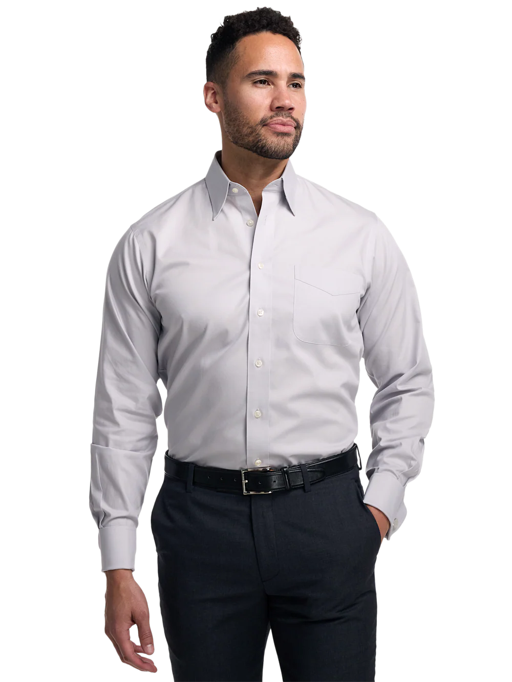 Non-Iron Cotton Pinpoint Solid Point Collar French Cuff Dress Shirt - Grey - Image 2