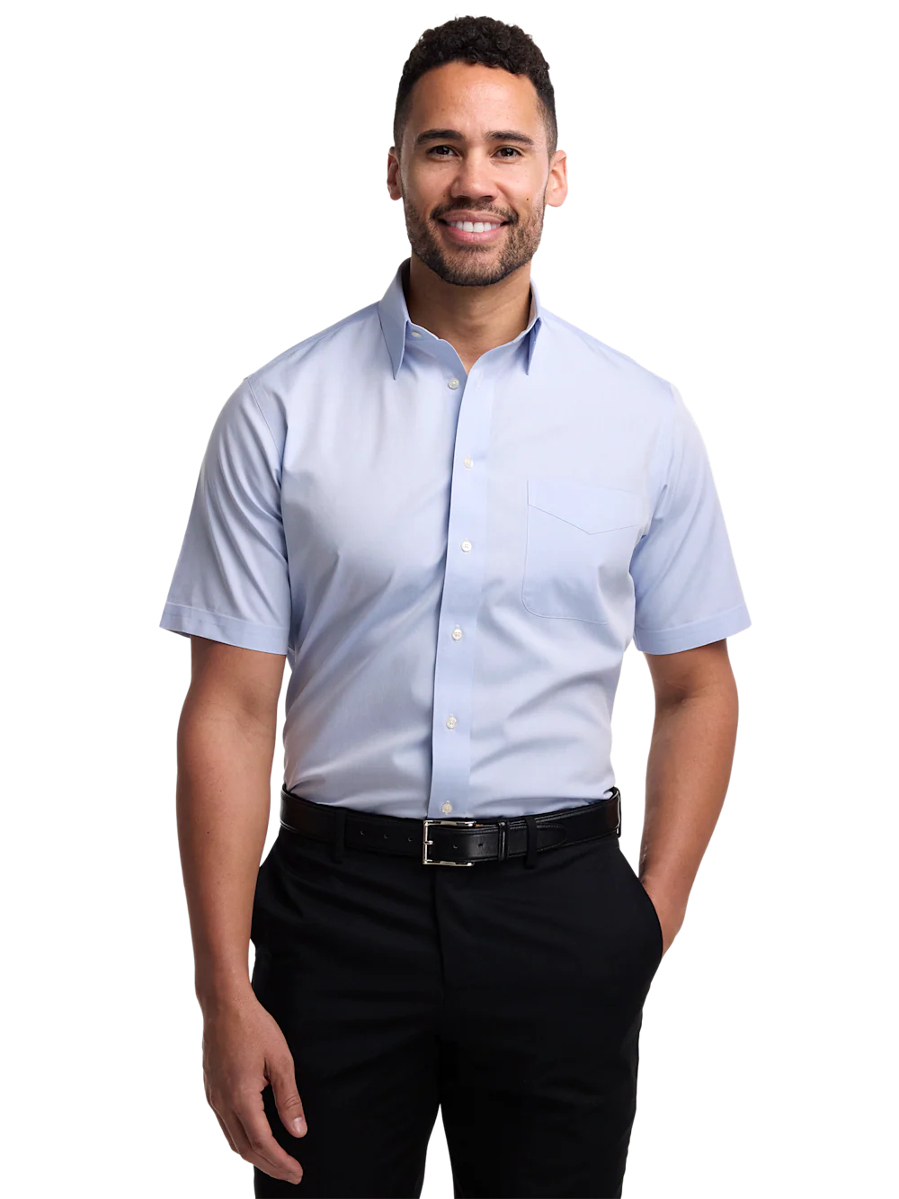 Non-Iron Cotton Pinpoint Solid Point Collar Short Sleeve Dress Shirt - Blue - Image 2