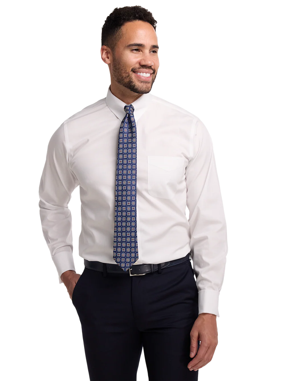 Non-Iron Cotton Pinpoint Solid Snap Tab Collar French Cuff Dress Shirt - White - Image 2