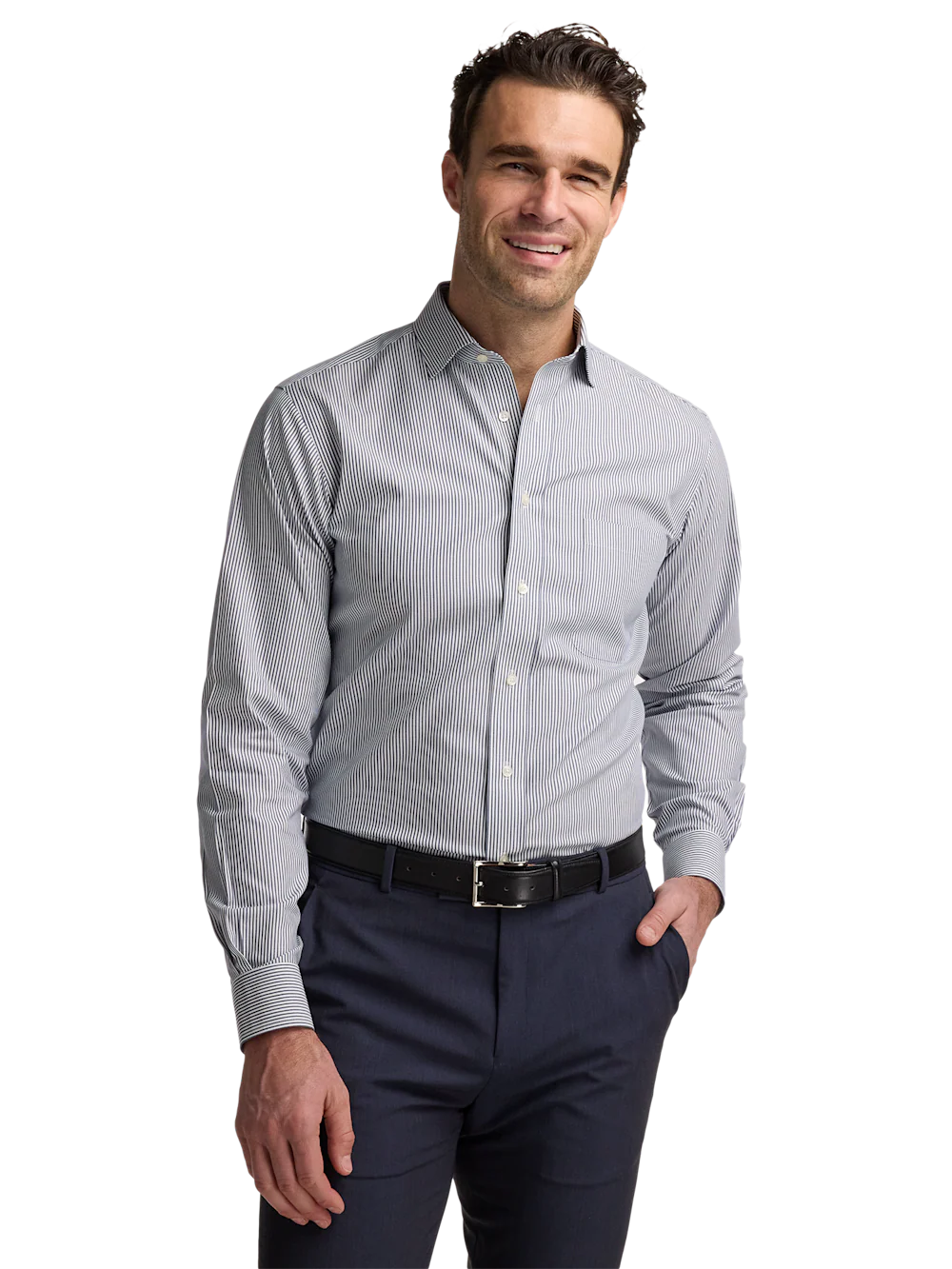 Non-Iron Cotton Pinpoint Solid Spread Collar Dress Shirt - Blue Stripe - Image 2