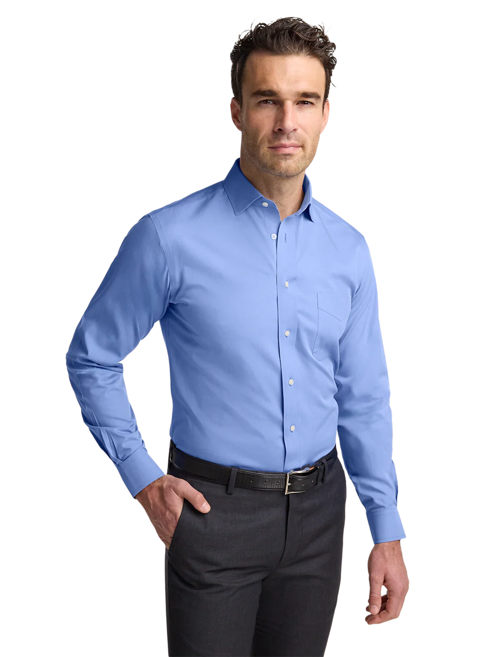 Non-Iron Cotton Pinpoint Solid Spread Collar Dress Shirt - French Blue - Image 2