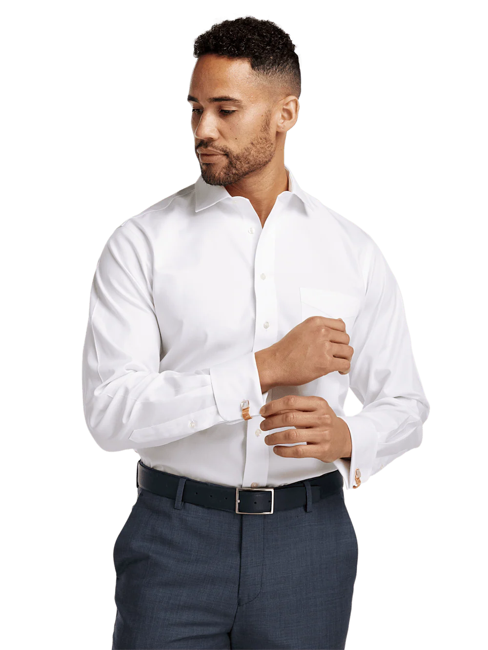 Non-Iron Cotton Pinpoint Solid Spread Collar French Cuff Dress Shirt - White - Image 2