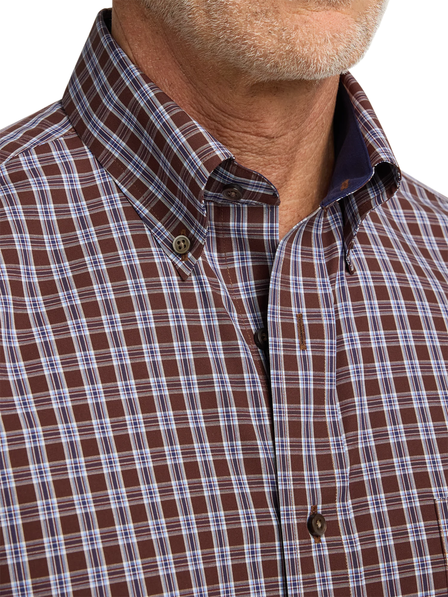 Non-Iron Cotton Plaid Dress Shirt With Contrast Trim - Brown/blue - Image 3