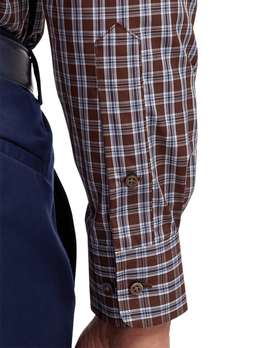 Non-Iron Cotton Plaid Dress Shirt With Contrast Trim - Brown/blue - Image 4