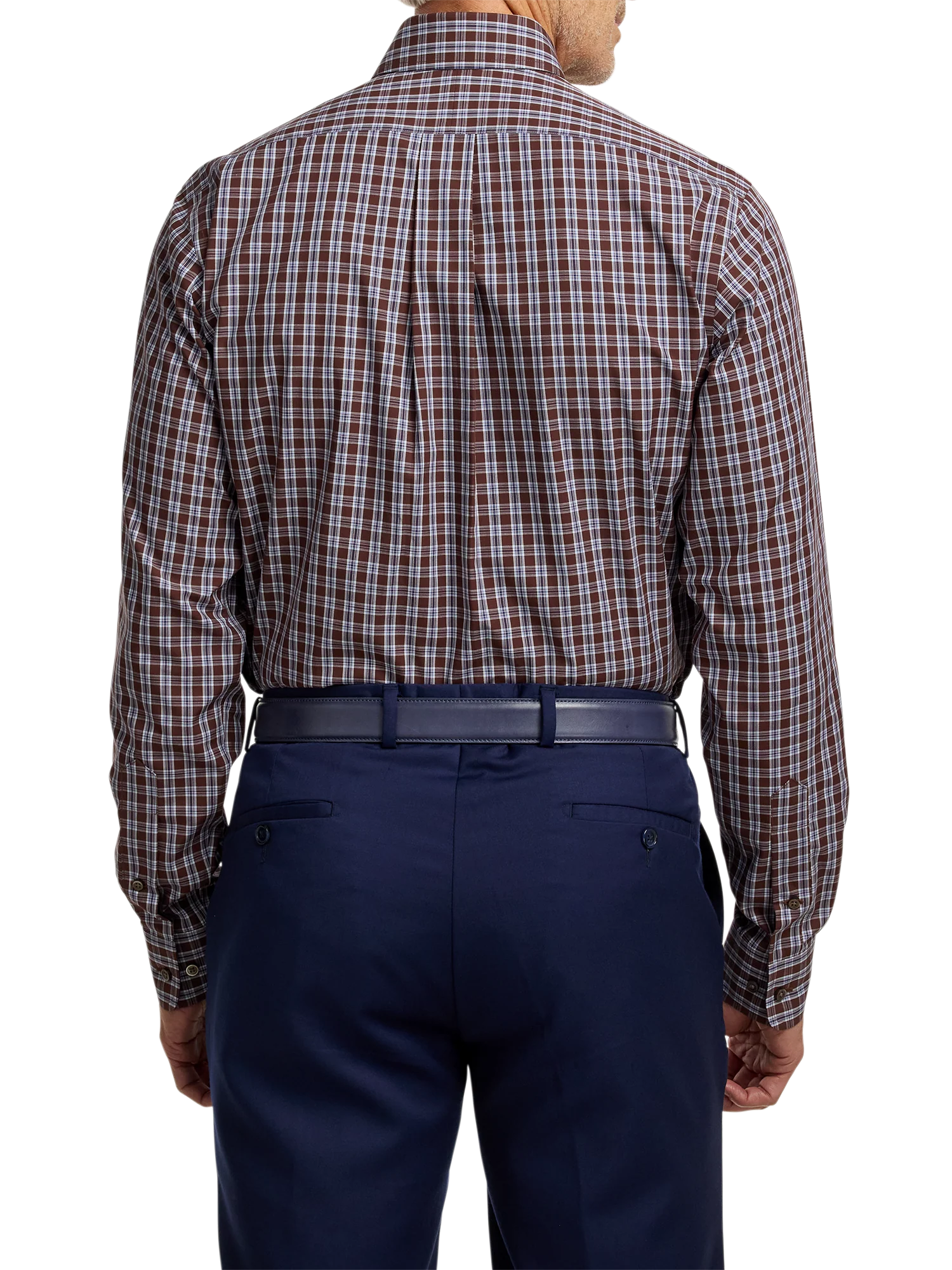 Non-Iron Cotton Plaid Dress Shirt With Contrast Trim - Brown/blue - Image 5
