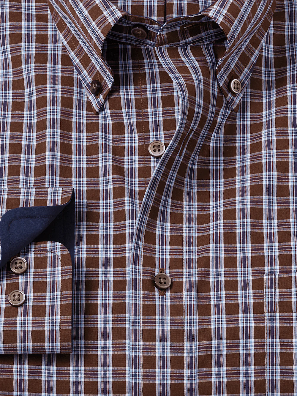 Non-Iron Cotton Plaid Dress Shirt With Contrast Trim - Brown/blue - Image 6