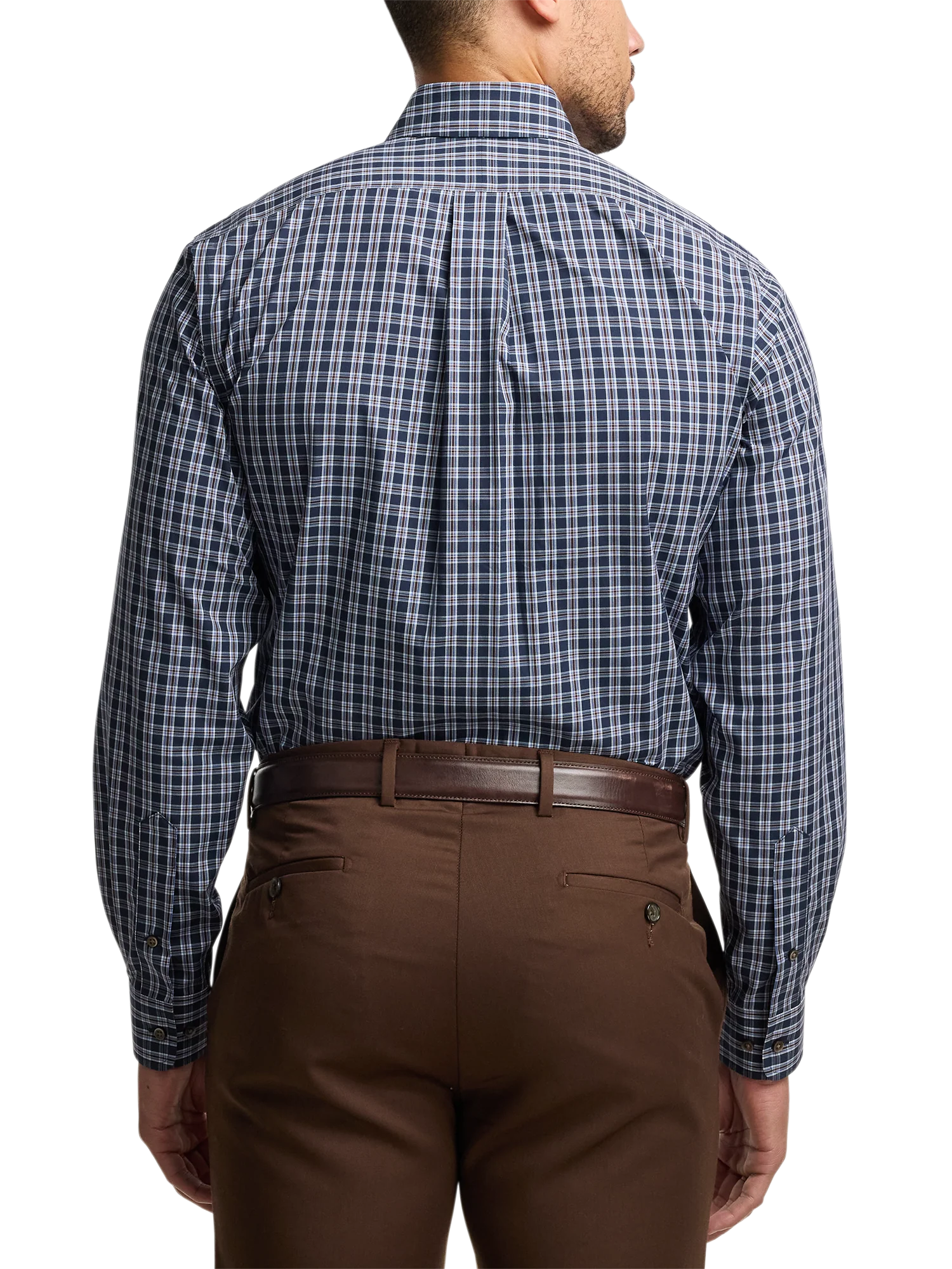 Non-Iron Cotton Plaid Dress Shirt With Contrast Trim - Navy/brown - Image 5