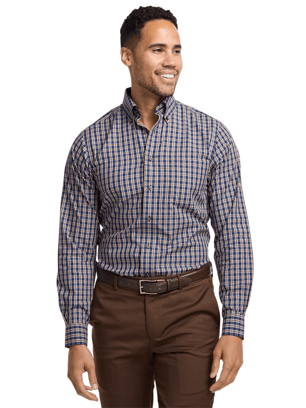 Non-Iron Cotton Plaid Dress Shirt With Contrast Trim - Blue/brown - Image 2