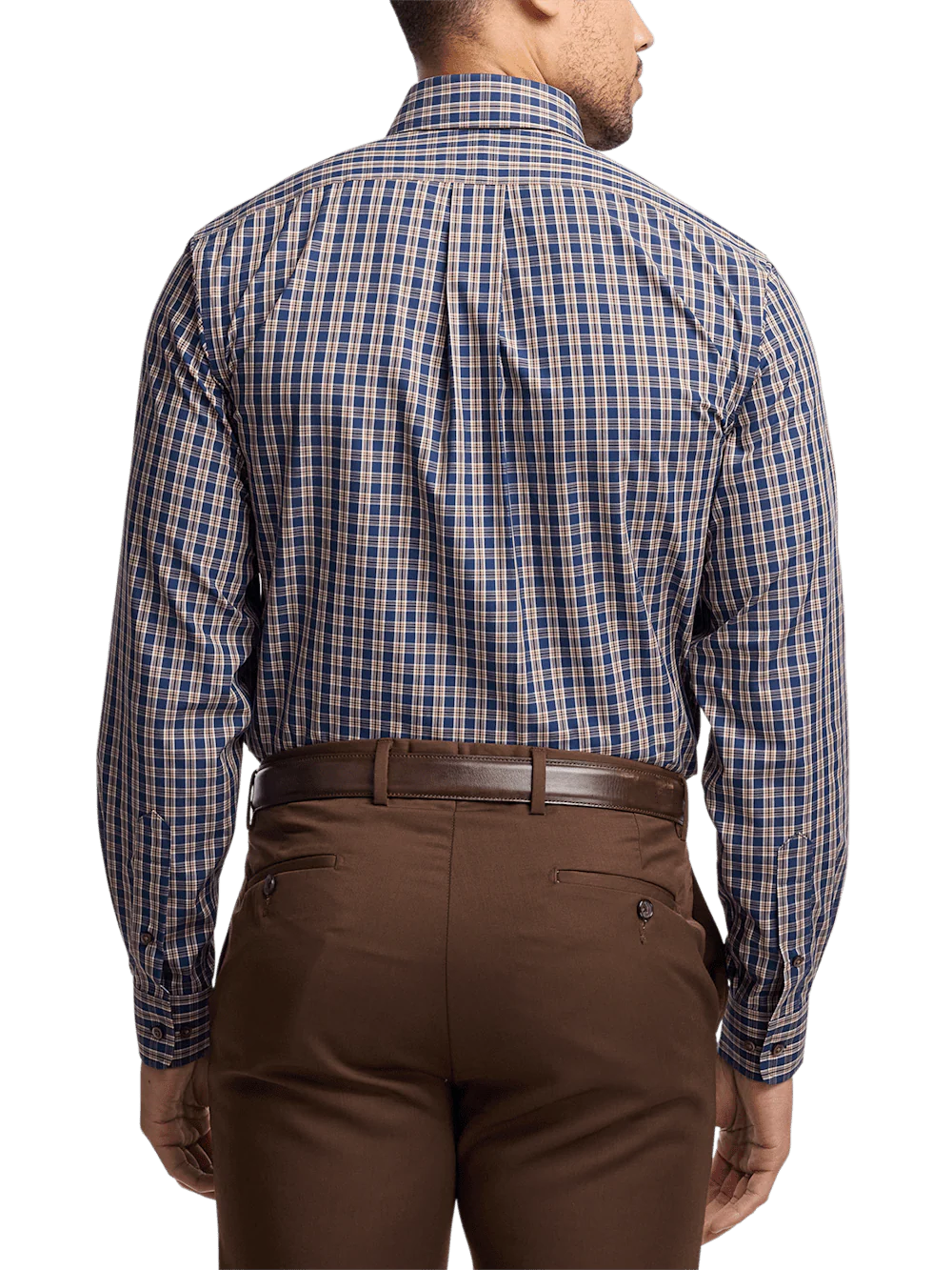 Non-Iron Cotton Plaid Dress Shirt With Contrast Trim - Blue/brown - Image 5