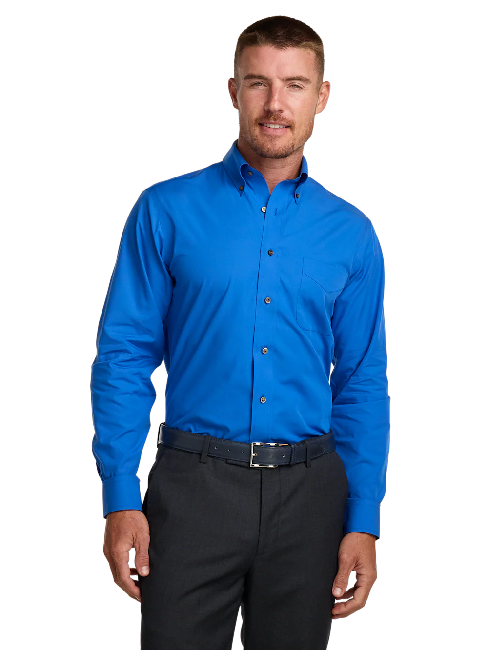 Non-Iron Cotton Solid Dress Shirt With Contrast Trim - Cobalt - Image 2