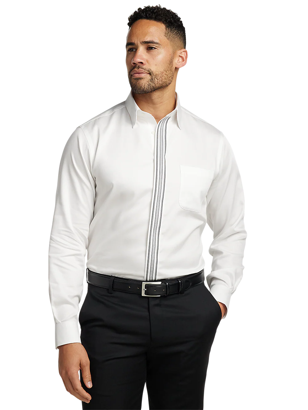 Non-Iron Cotton Solid Dress Shirt With Contrast Trim - White/black - Image 2