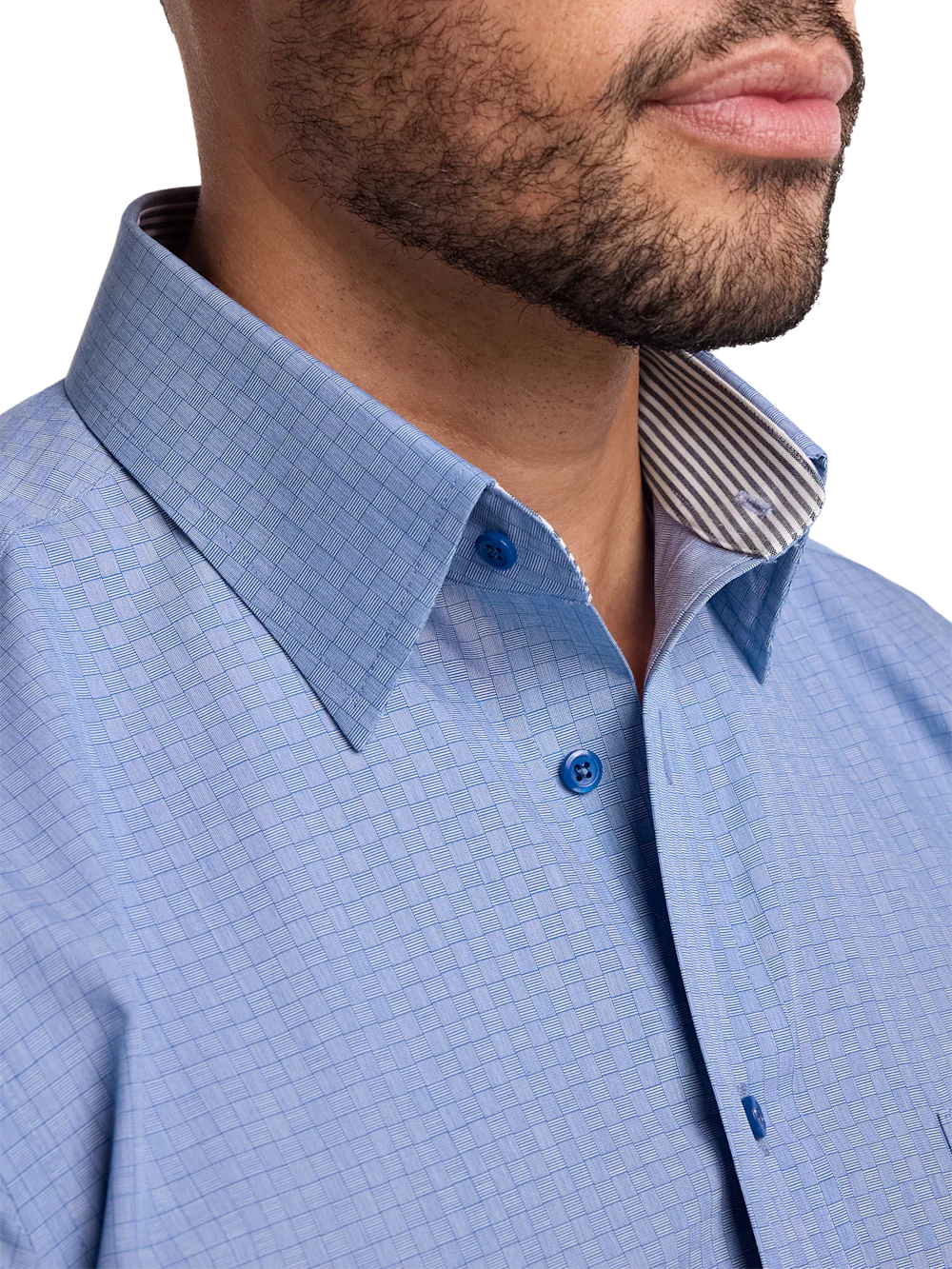 Non-Iron Cotton Solid Dress Shirt With Contrast Trim - Blue - Image 3