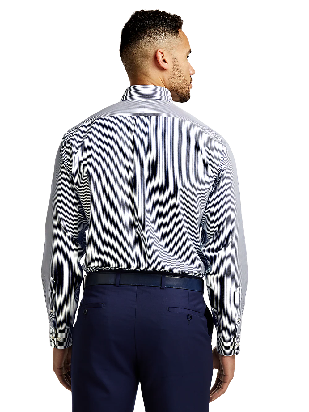 Non-Iron Cotton Stripe Dress Shirt With Contrast Trim - Blue - Image 5