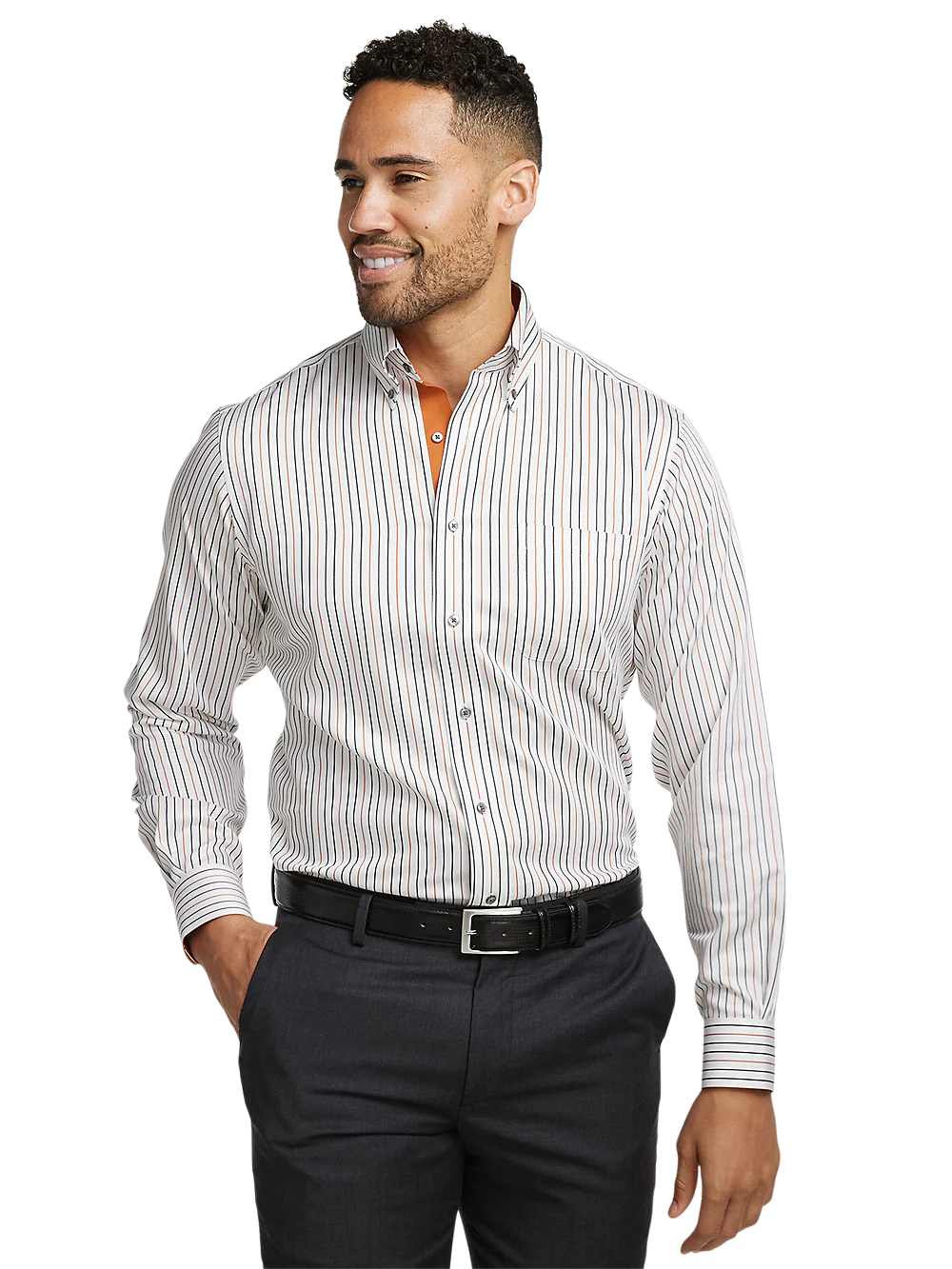 Non-Iron Cotton Stripe Dress Shirt With Contrast Trim - White/rust - Image 2