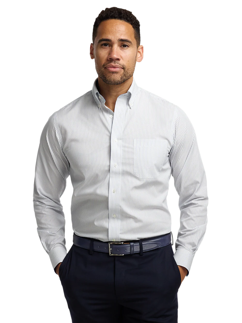 Non-Iron Cotton Stripe Dress Shirt With Contrast Trim - Cobalt - Image 2