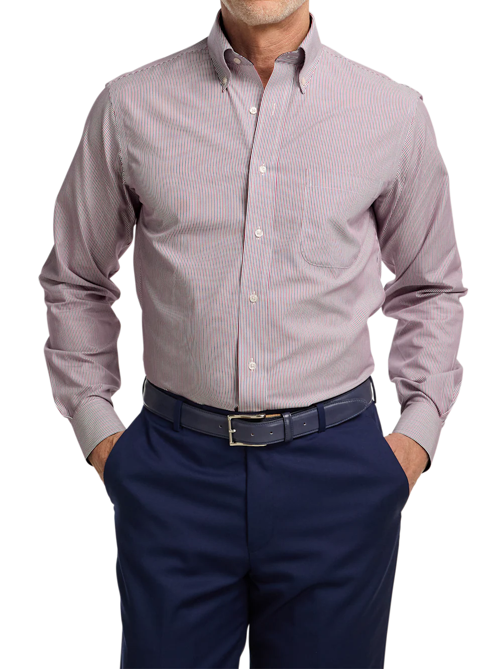 Non-Iron Cotton Stripe Dress Shirt With Contrast Trim - Red - Image 2