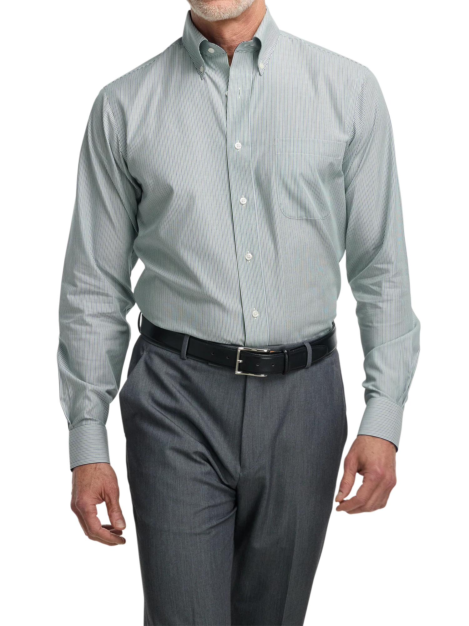 Non-Iron Cotton Stripe Dress Shirt With Contrast Trim - Green - Image 2
