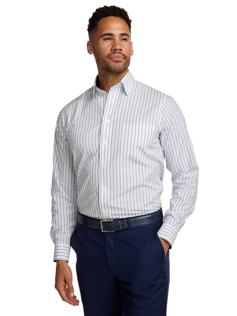 Non-Iron Cotton Stripe Dress Shirt With Contrast Trim - Blue - Image 2