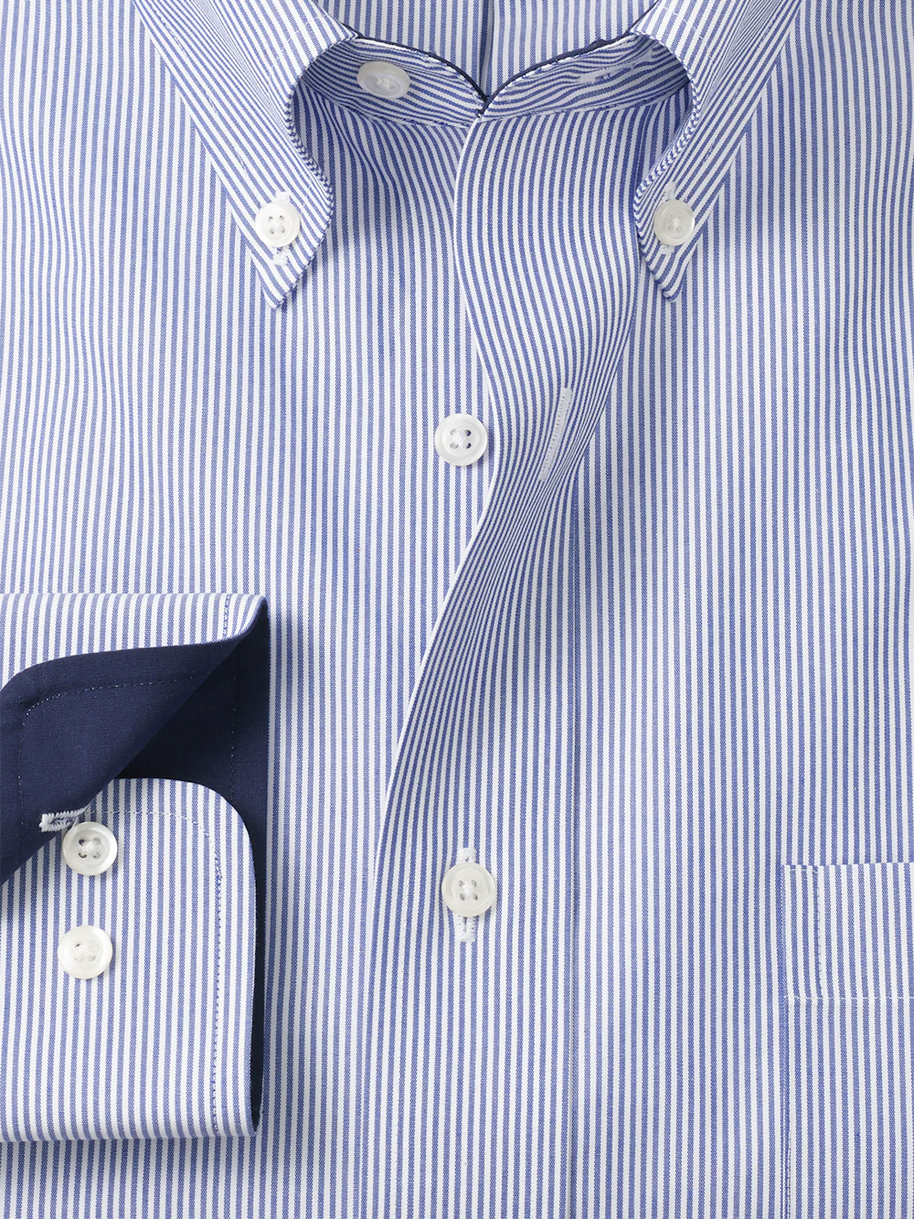 Non-Iron Cotton Stripe Dress Shirt With Contrast Trim - Blue - Image 6