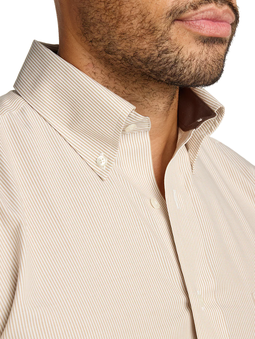 Non-Iron Cotton Stripe Dress Shirt With Contrast Trim - Tan - Image 3