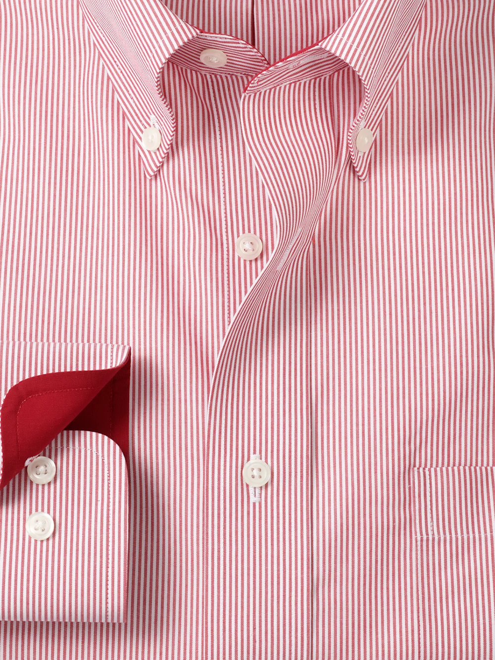 Non-Iron Cotton Stripe Dress Shirt With Contrast Trim - Red - Image 6