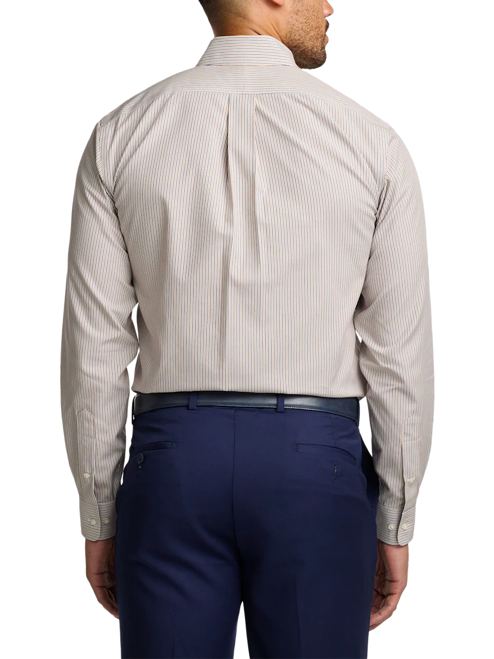 Non-Iron Cotton Stripe Dress Shirt With Contrast Trim - Tan - Image 5