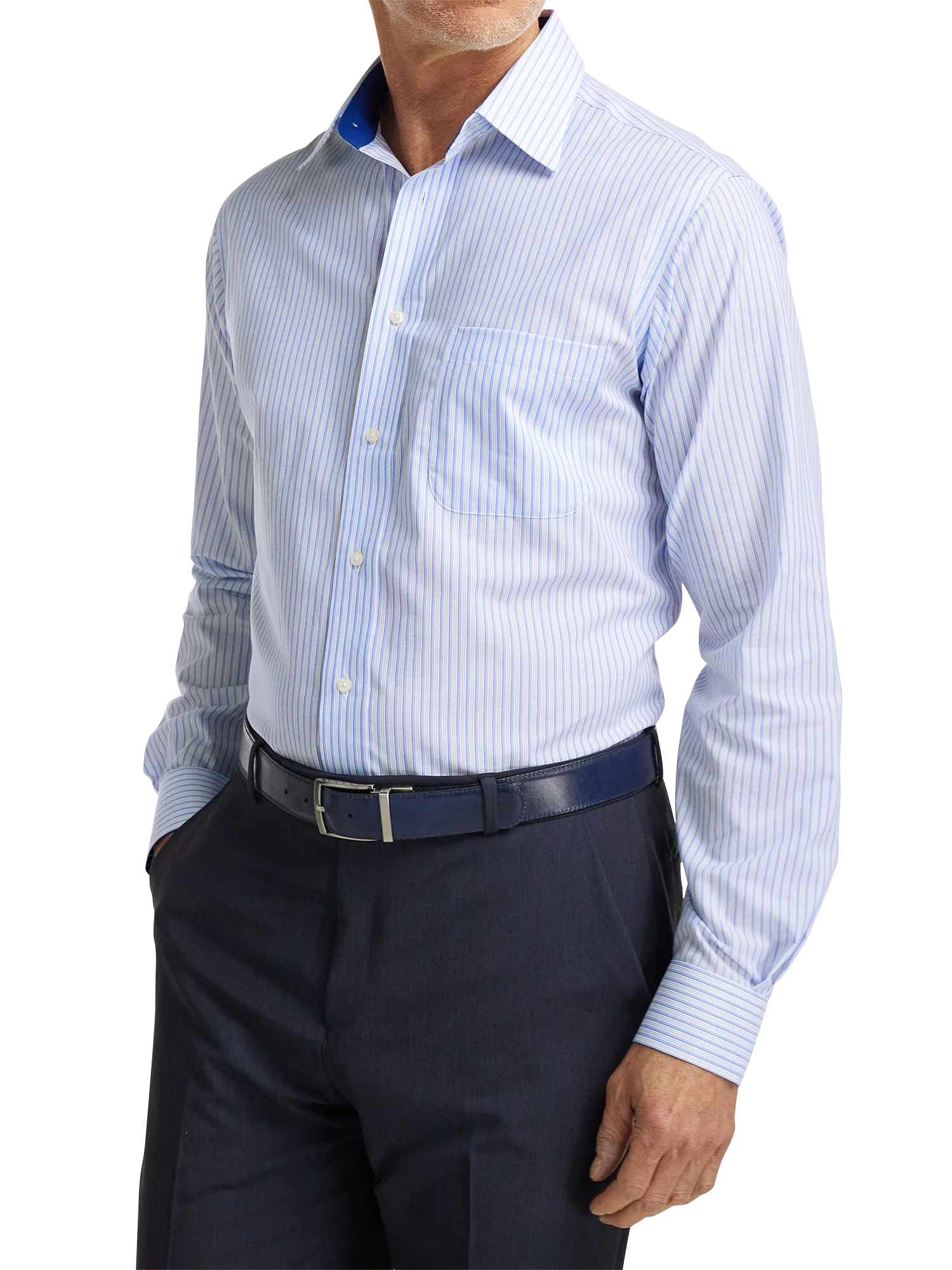 Non-Iron Cotton Stripe Dress Shirt With Contrast Trim - Blue - Image 2