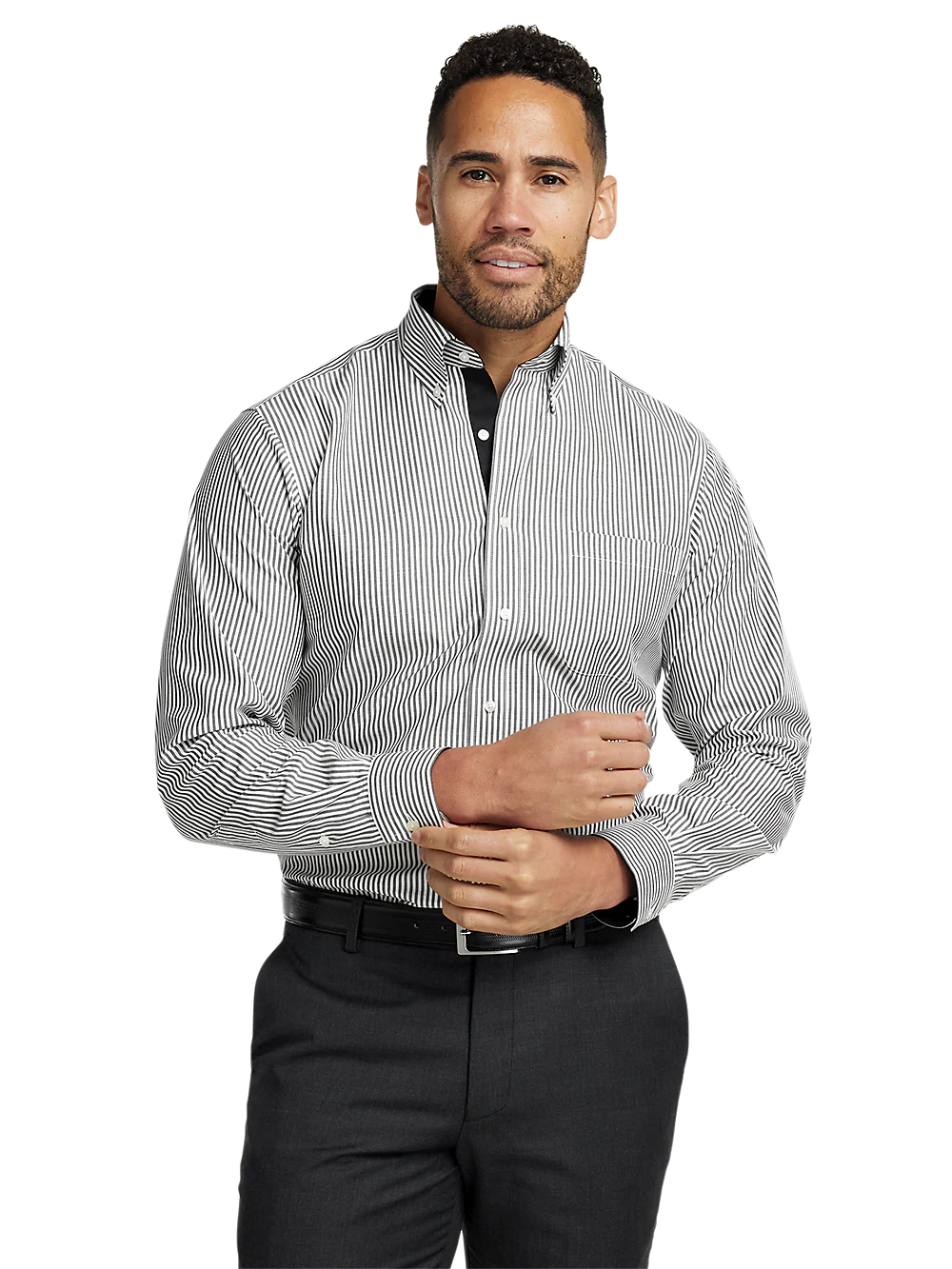 Non-Iron Cotton Stripe Dress Shirt With Contrast Trim - Black - Image 2
