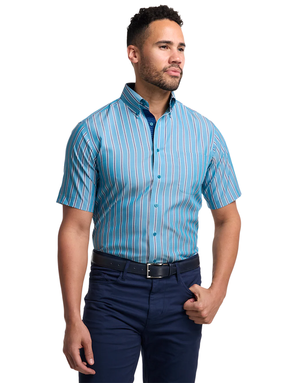 Non-Iron Cotton Stripe Dress Shirt With Contrast Trim - Teal - Image 2
