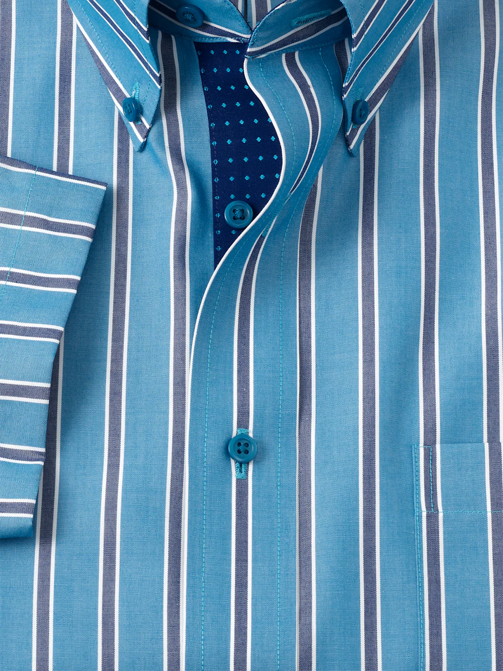 Non-Iron Cotton Stripe Dress Shirt With Contrast Trim - Teal - Image 6