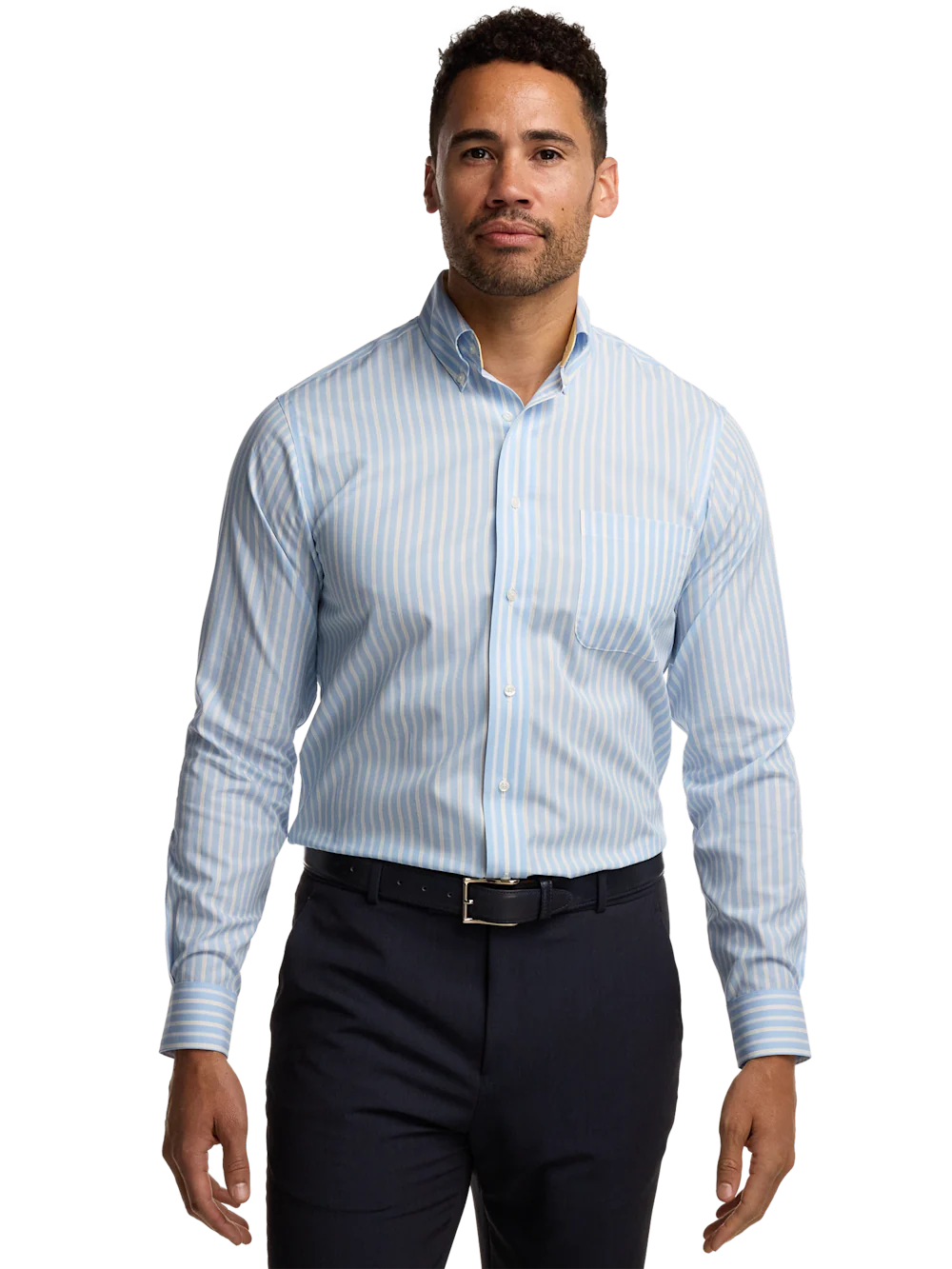 Non-Iron Cotton Stripe Dress Shirt With Contrast Trim - Blue/yellow - Image 2