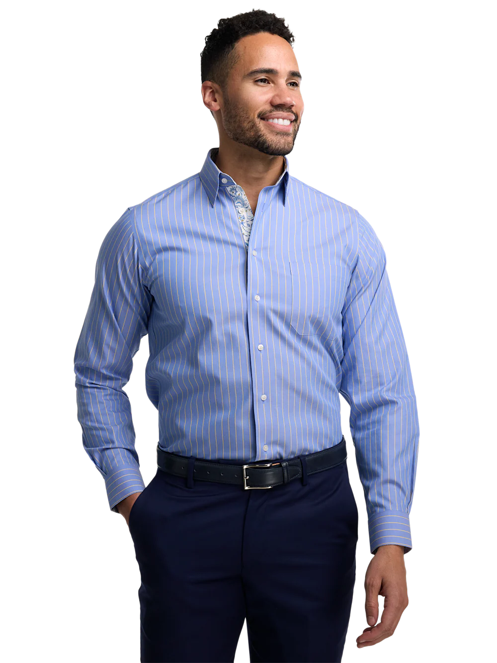 Non-Iron Cotton Stripe Dress Shirt With Contrast Trim - Blue/yellow - Image 2