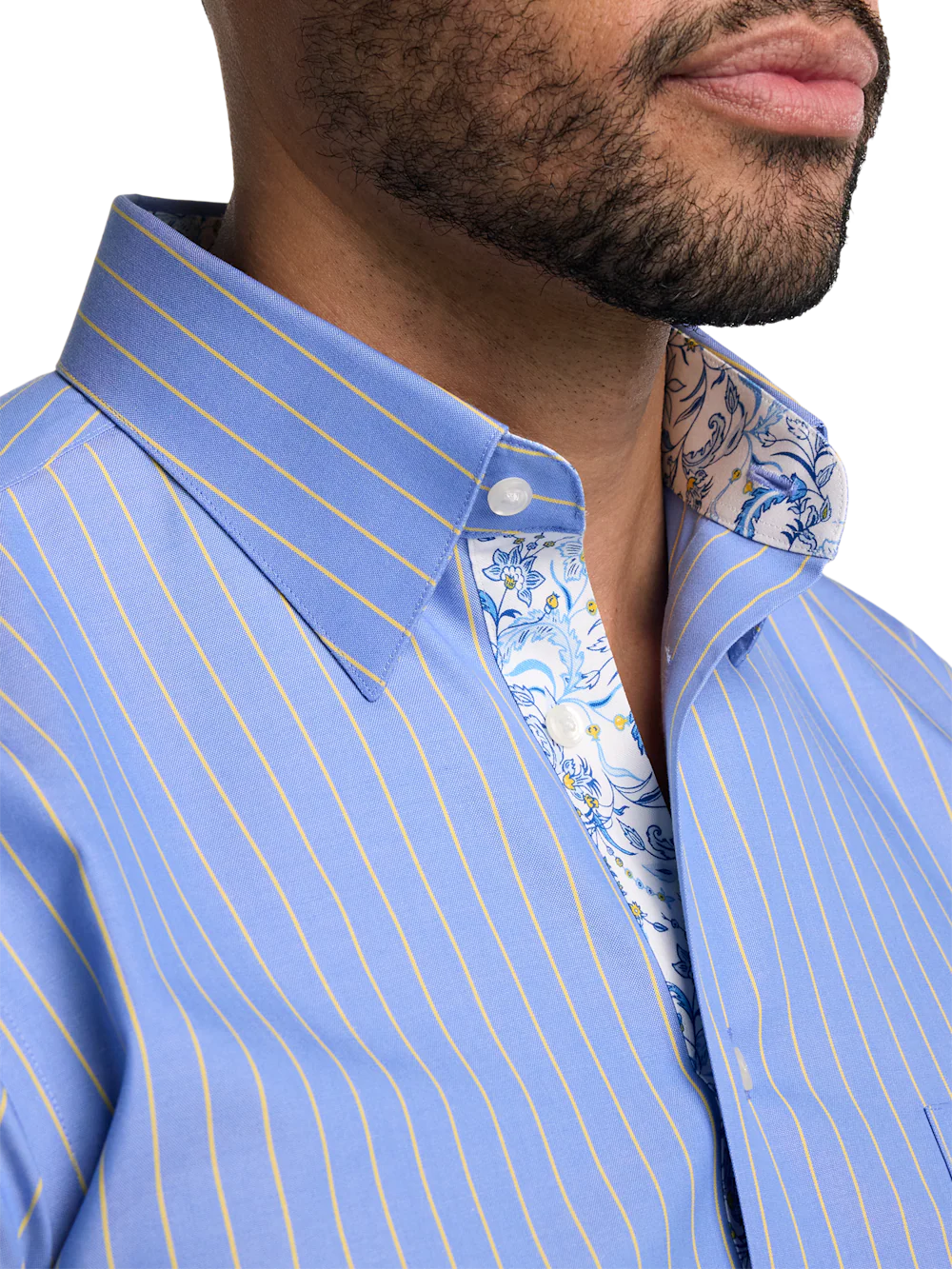 Non-Iron Cotton Stripe Dress Shirt With Contrast Trim - Blue/yellow - Image 3