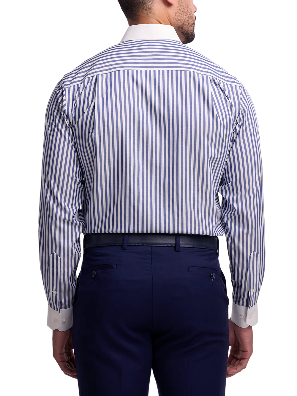 Non-Iron Cotton Stripe Dress Shirt With Contrast Trim - Navy - Image 5