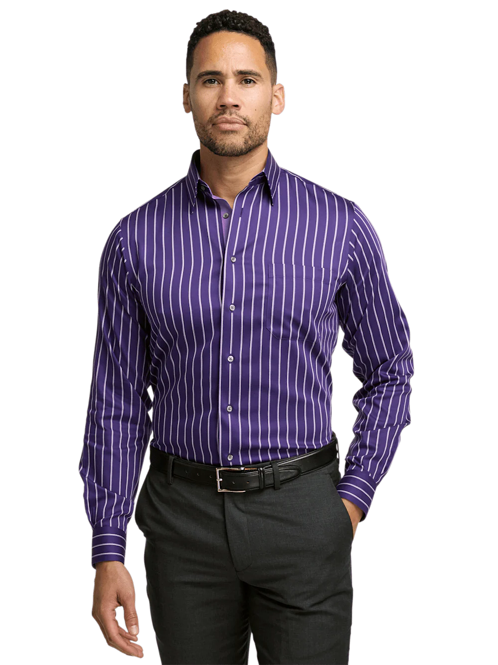 Non-Iron Cotton Stripe Dress Shirt With Contrast Trim - Purple - Image 2