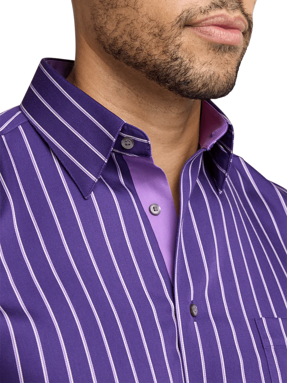 Non-Iron Cotton Stripe Dress Shirt With Contrast Trim - Purple - Image 3