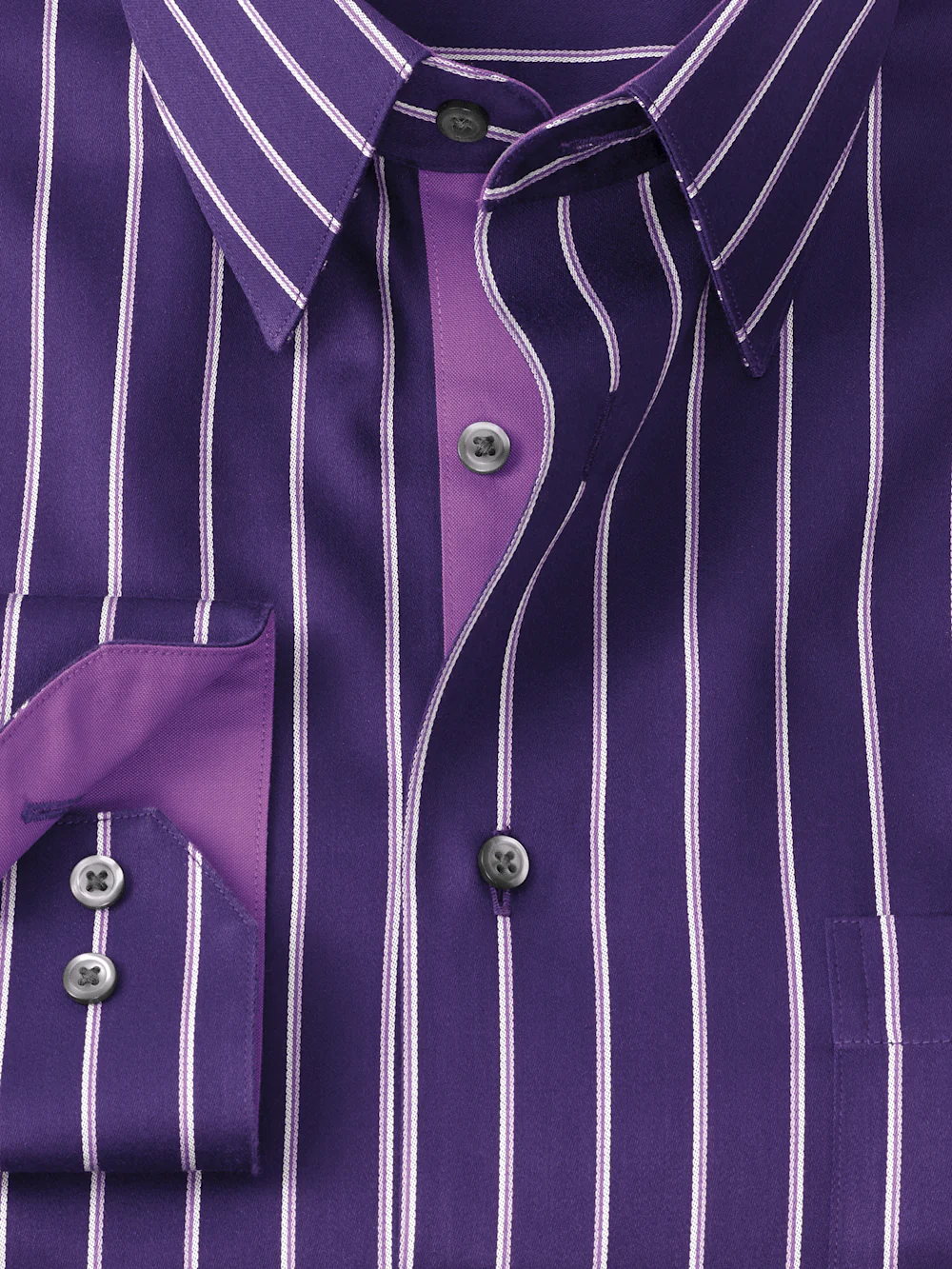 Non-Iron Cotton Stripe Dress Shirt With Contrast Trim - Purple - Image 6