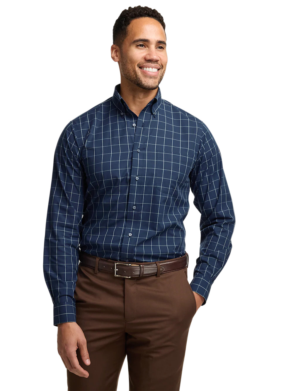 Non-Iron Cotton Windowpane Dress Shirt - Navy - Image 2