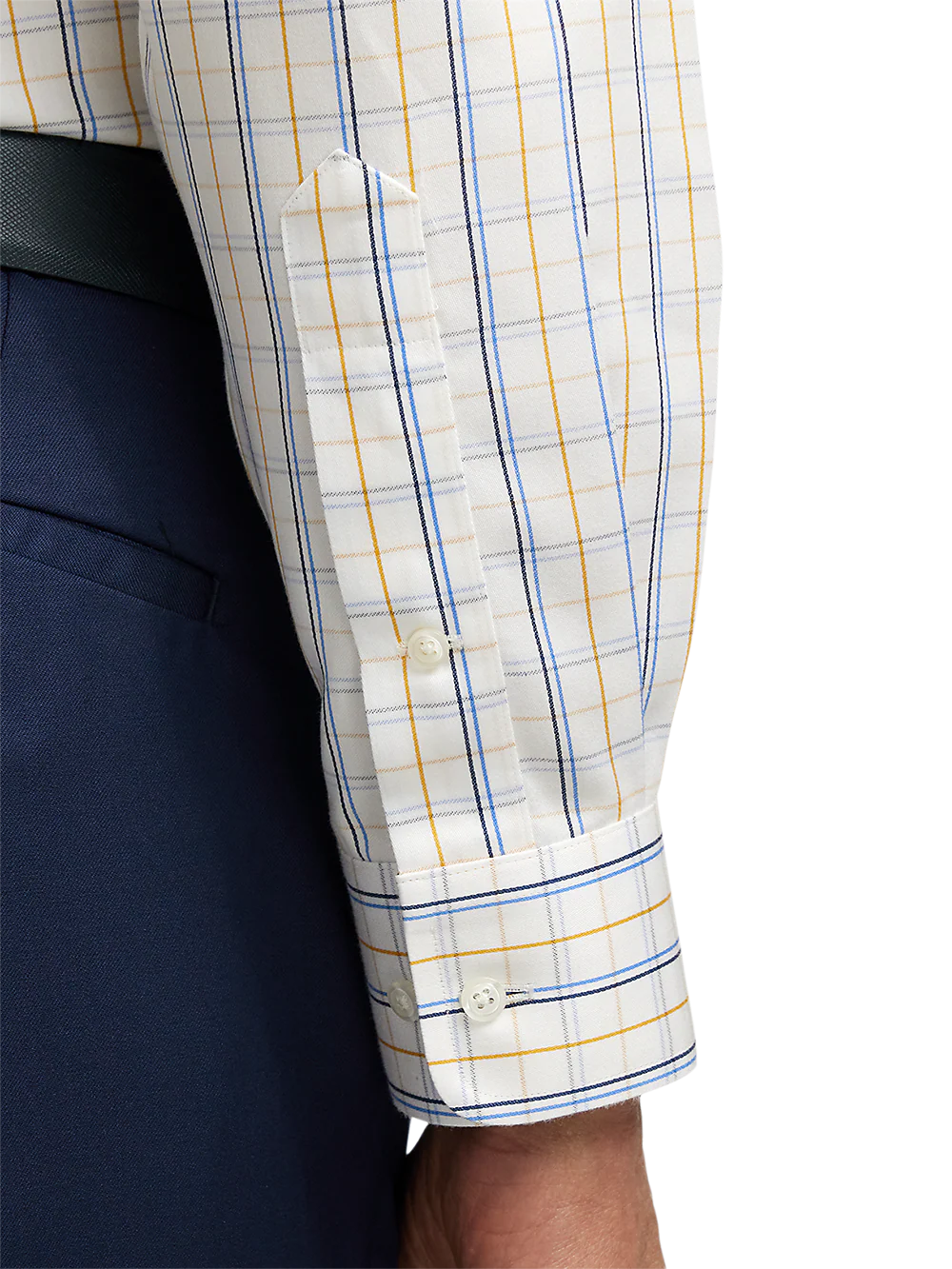 Non-Iron Cotton Windowpane Dress Shirt With Contrast Trim - White/gold - Image 4