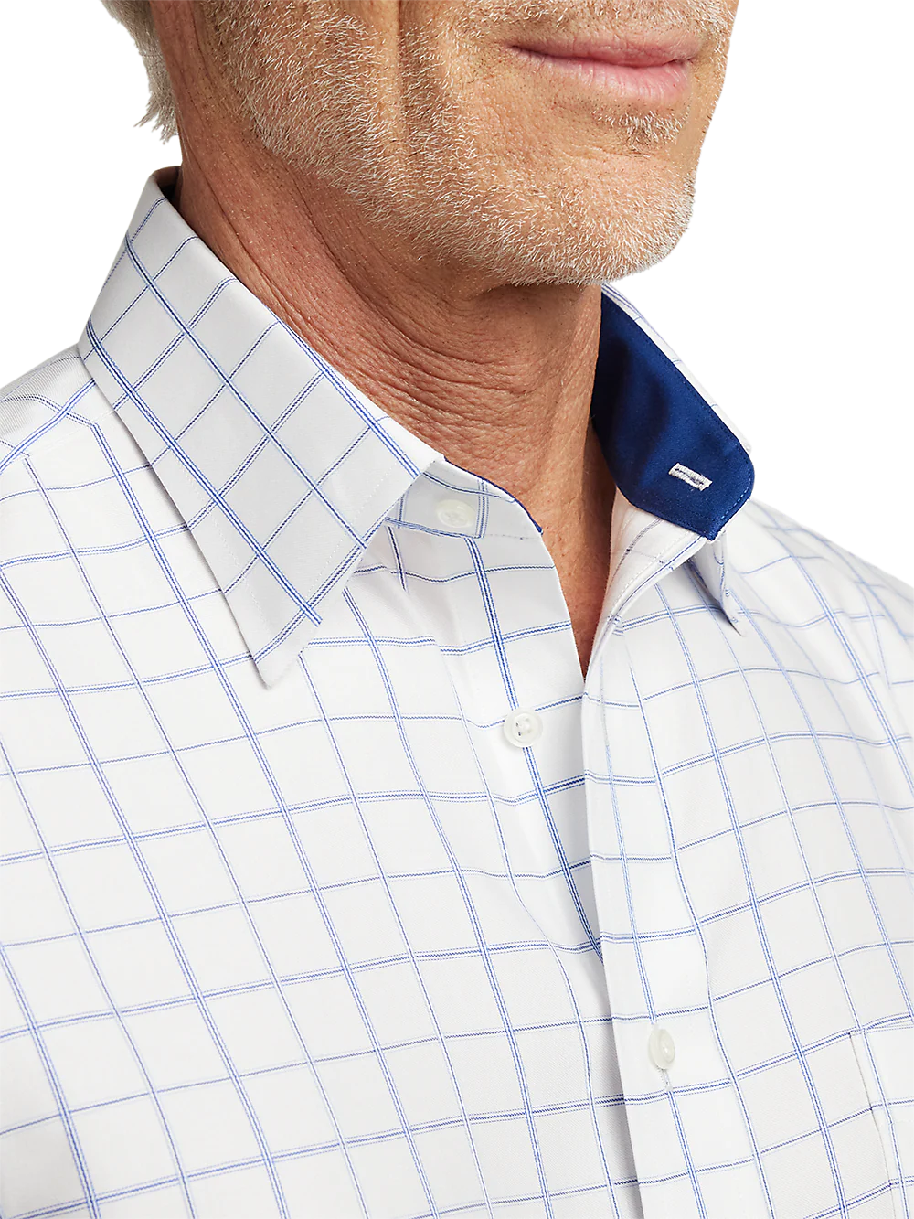 Non-Iron Cotton Windowpane Dress Shirt With Contrast Trim - White/blue - Image 3
