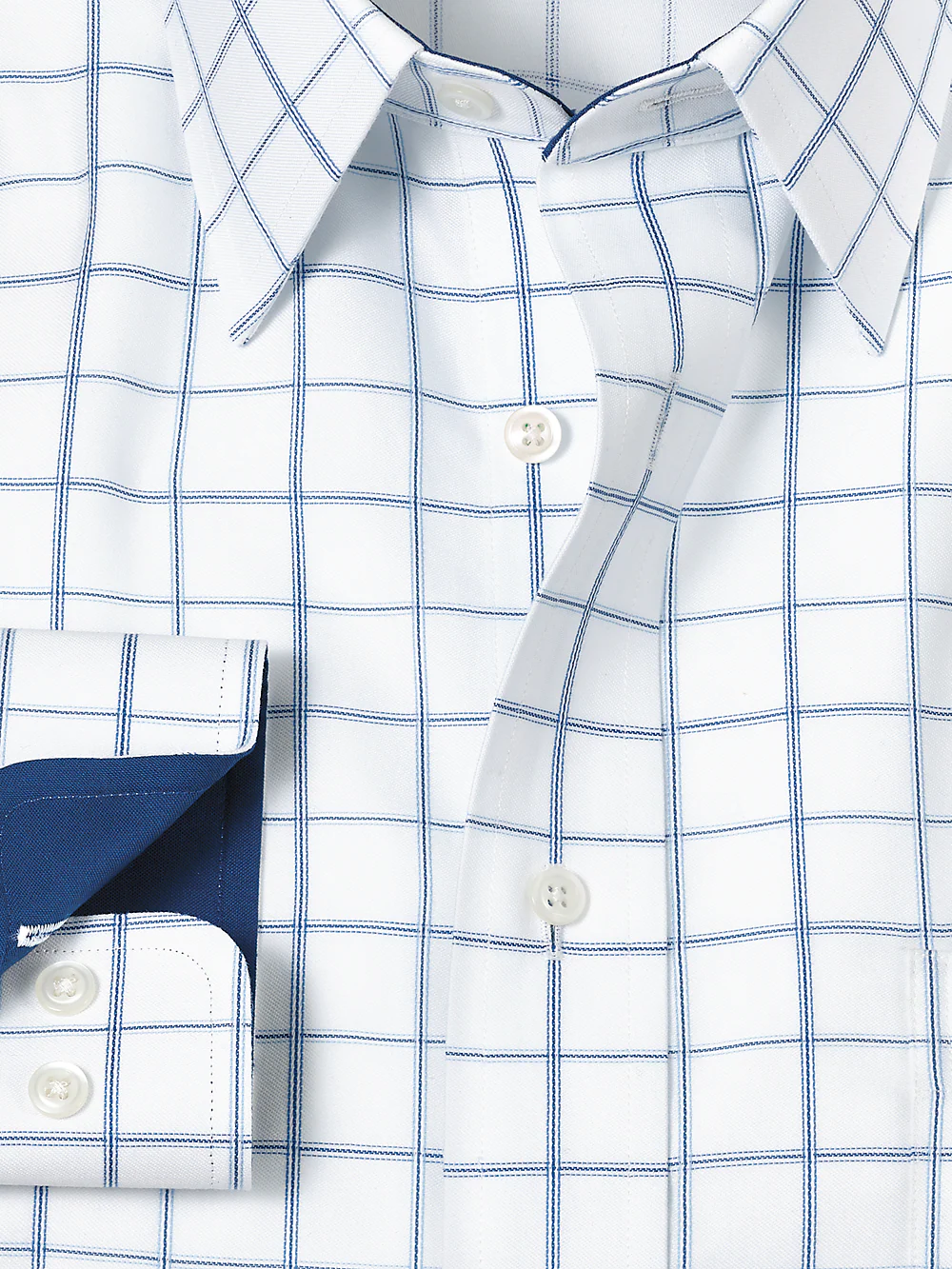 Non-Iron Cotton Windowpane Dress Shirt With Contrast Trim - White/blue - Image 6