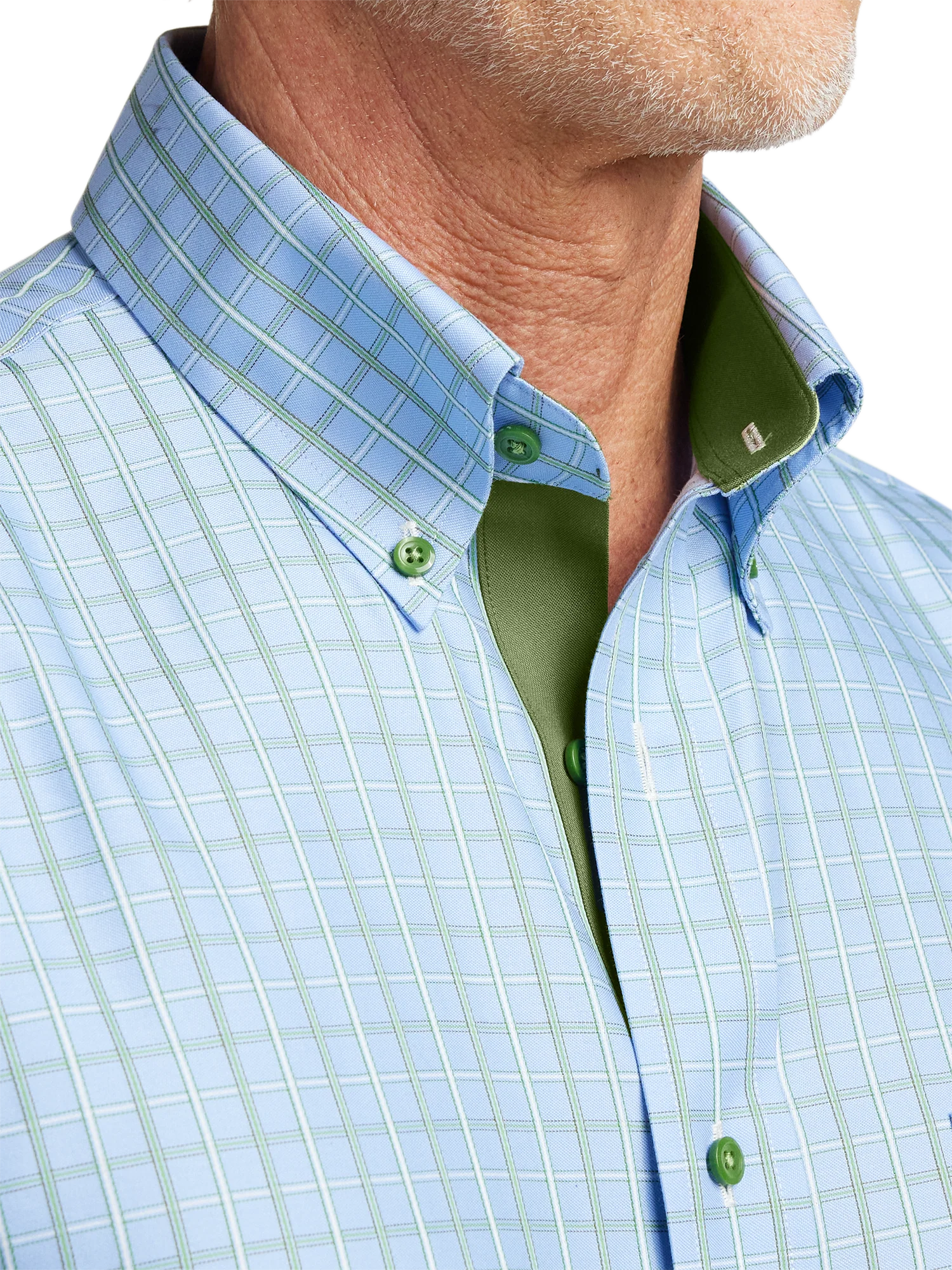 Non-Iron Cotton Windowpane Dress Shirt With Contrast Trim - Blue - Image 3