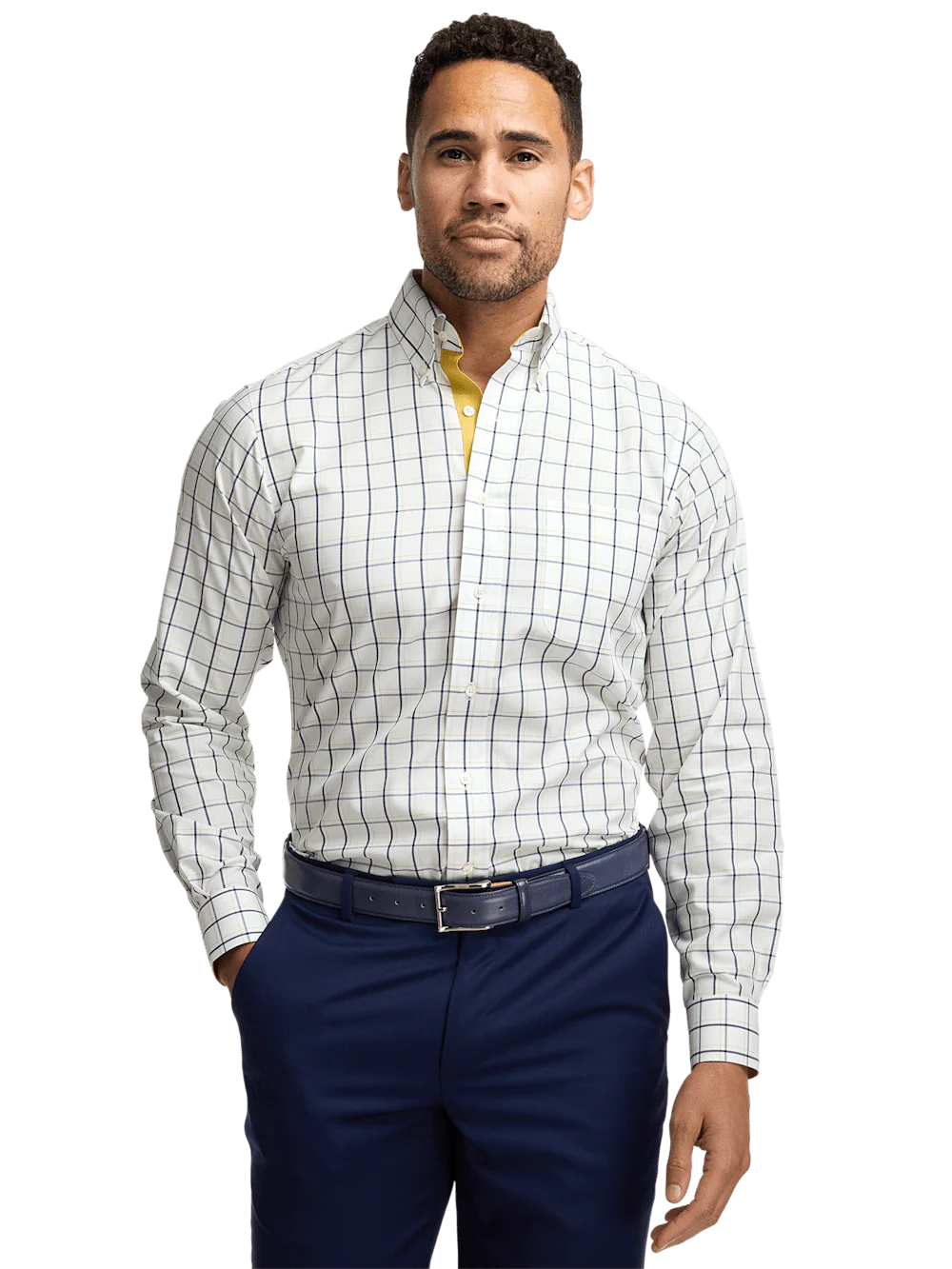 Non-Iron Cotton Windowpane Dress Shirt With Contrast Trim - Navy/gold - Image 2
