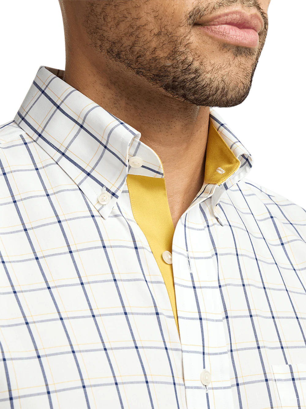 Non-Iron Cotton Windowpane Dress Shirt With Contrast Trim - Navy/gold - Image 3