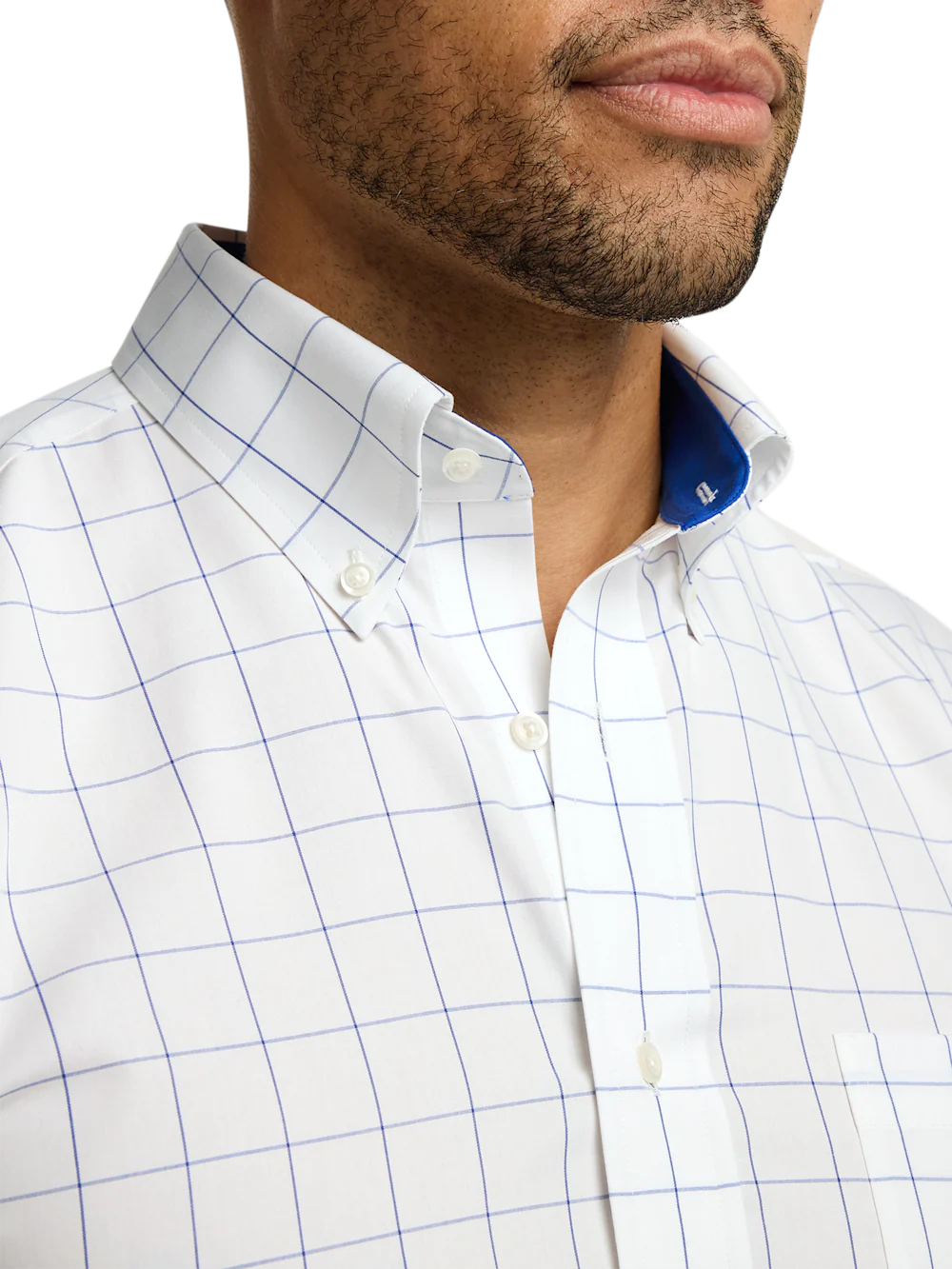 Non-Iron Cotton Windowpane Dress Shirt With Contrast Trim - Cobalt - Image 3