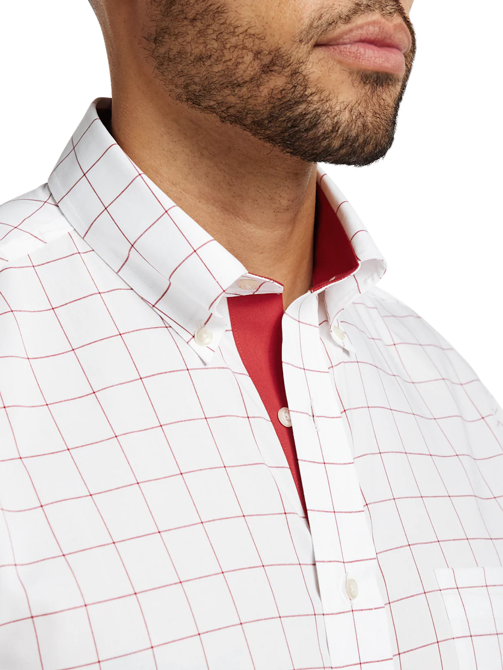 Non-Iron Cotton Windowpane Dress Shirt With Contrast Trim - Red - Image 3