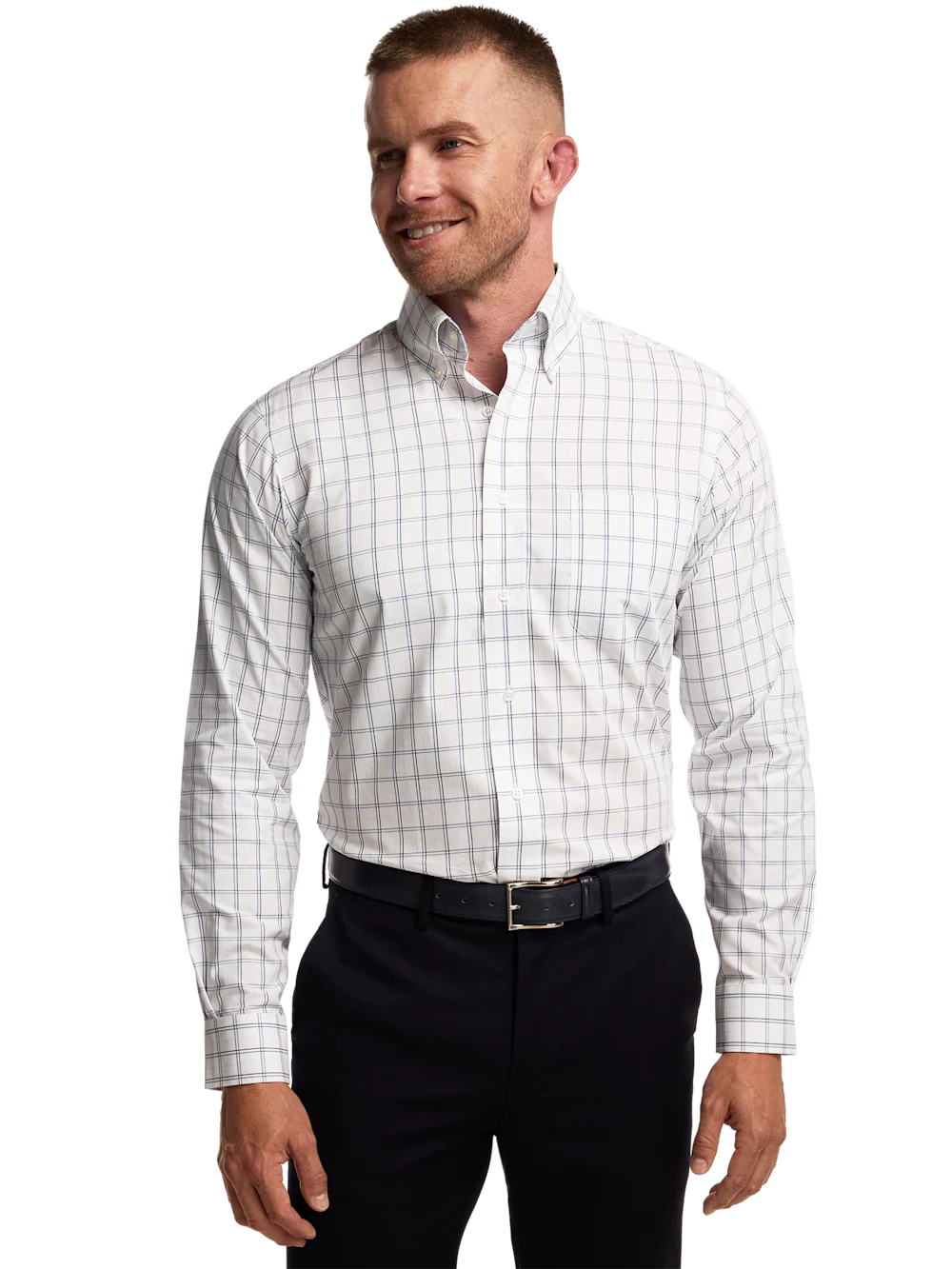 Non-Iron Cotton Windowpane Dress Shirt With Contrast Trim - White/blue - Image 2