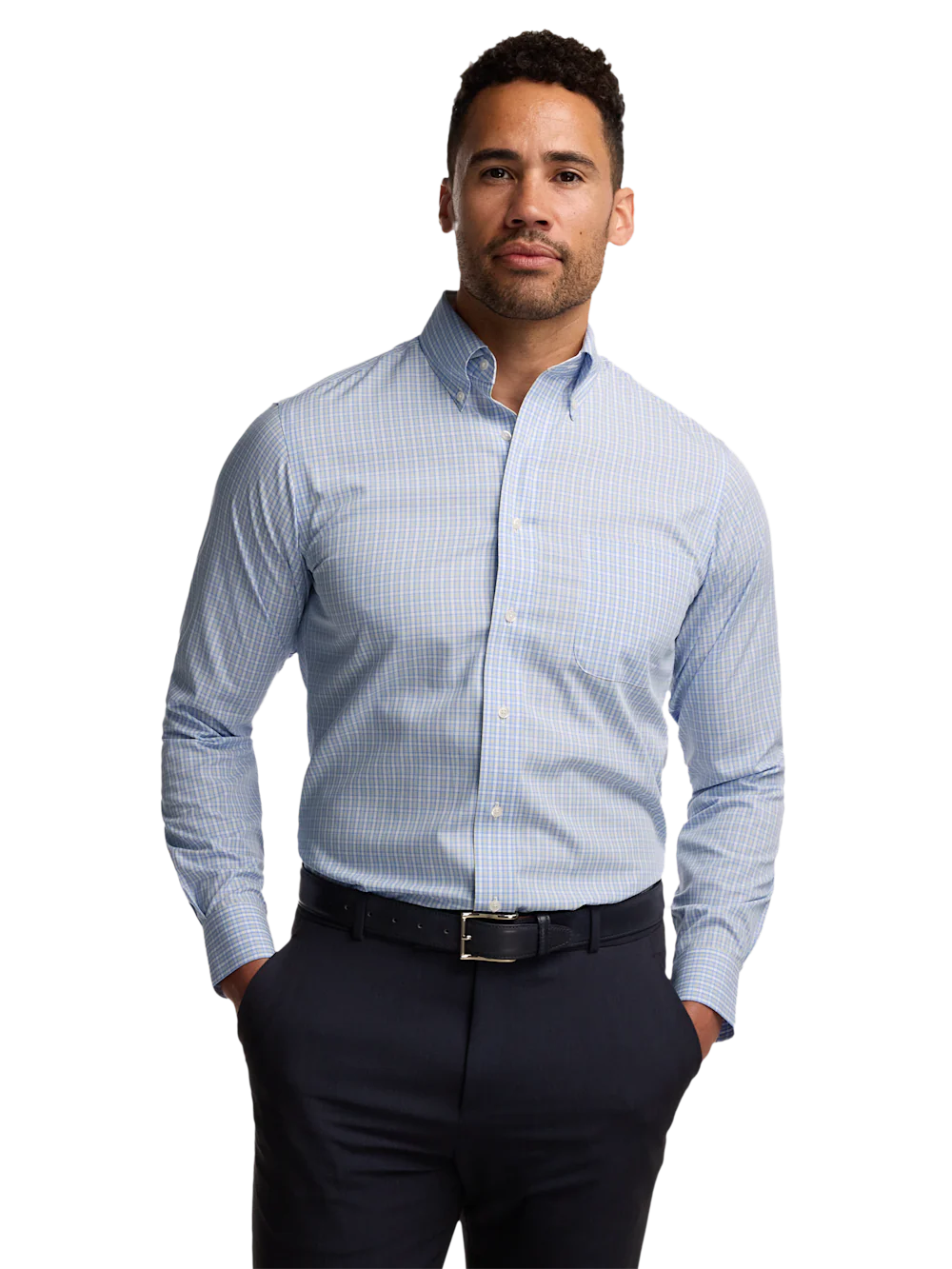 Non-Iron Cotton Windowpane Dress Shirt With Contrast Trim - Blue/yellow - Image 2