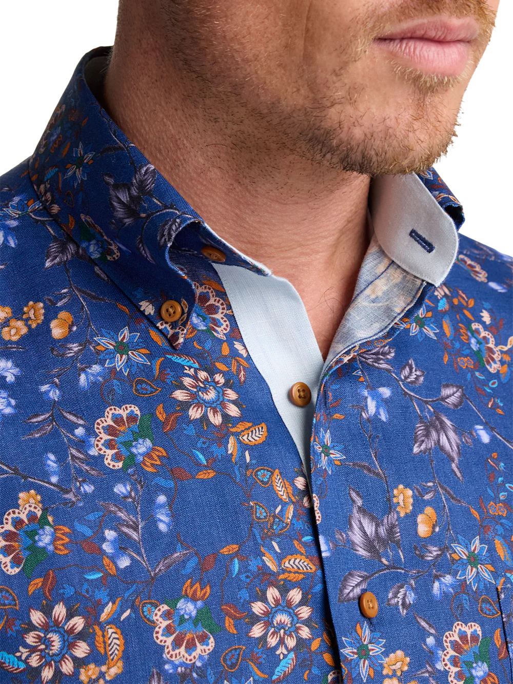 Non-Iron Linen Floral Dress Shirt With Contrast Trim - Cobalt - Image 3